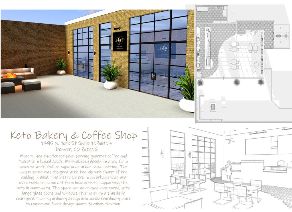 Keto Bakery & Coffee Shop Floor pan and a 3D rendered front view